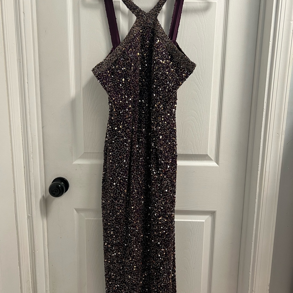 Scala Purple and Gold Sequin Halter Sheath Dress